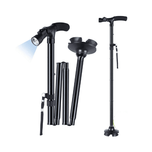 عكاز مع قاعده مرنه مع كشاف قابل للطي